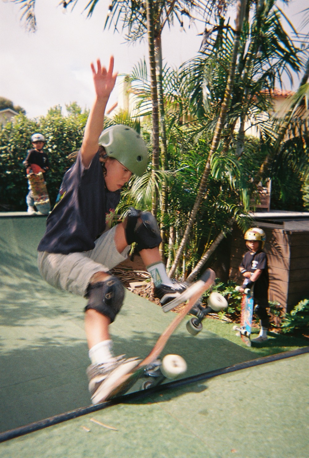 A skater catching air on a backyard ramp under palm trees.